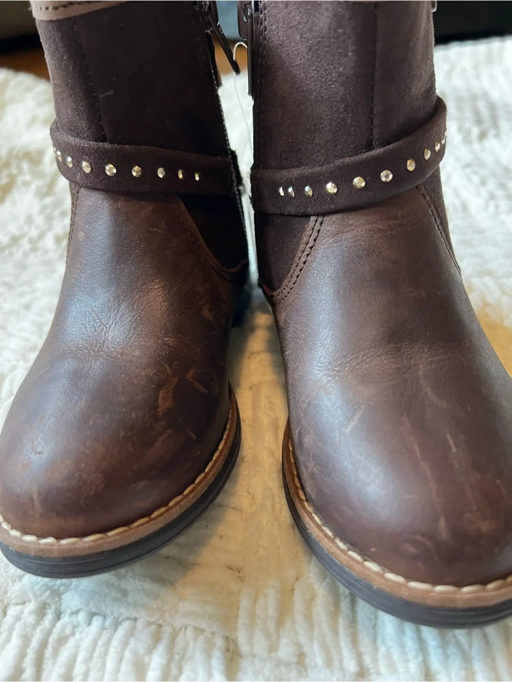 Children's Dark Brown Studded Ankle Boots with Buckle Accent